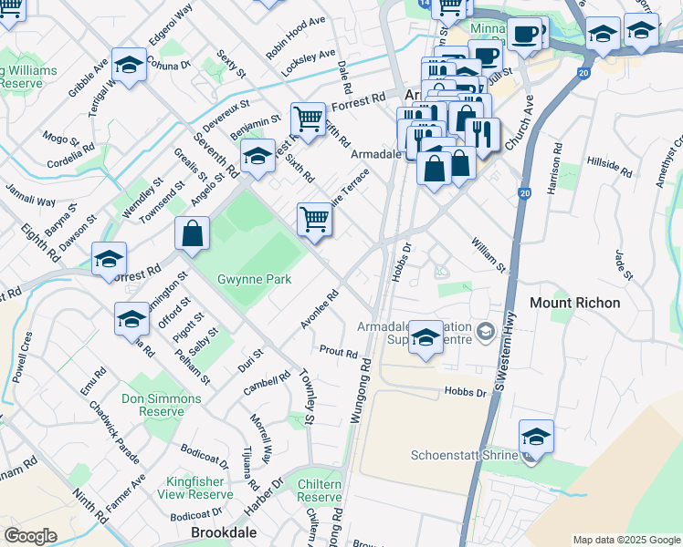 map of restaurants, bars, coffee shops, grocery stores, and more near 97 Church Avenue in Armadale