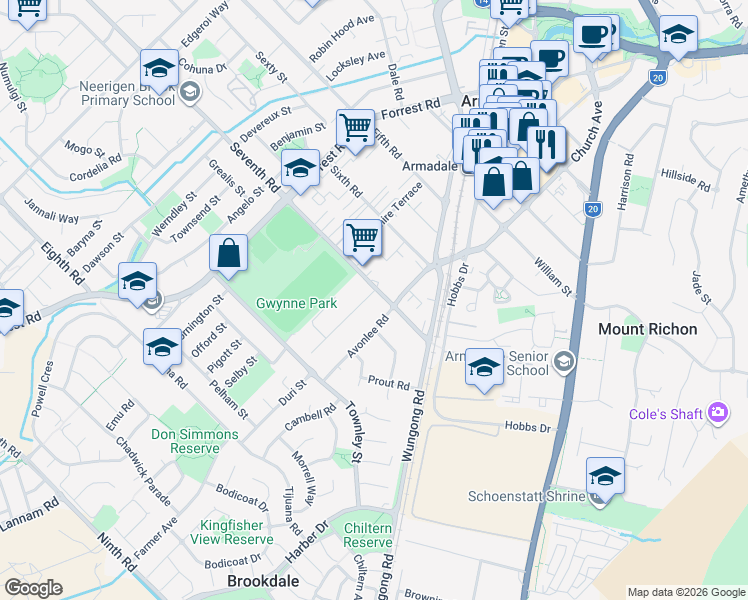 map of restaurants, bars, coffee shops, grocery stores, and more near 2 Bowden Place in Armadale