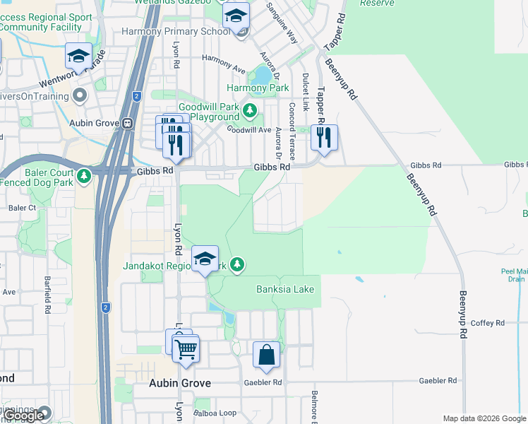 map of restaurants, bars, coffee shops, grocery stores, and more near 10 Blossom Chase in Aubin Grove