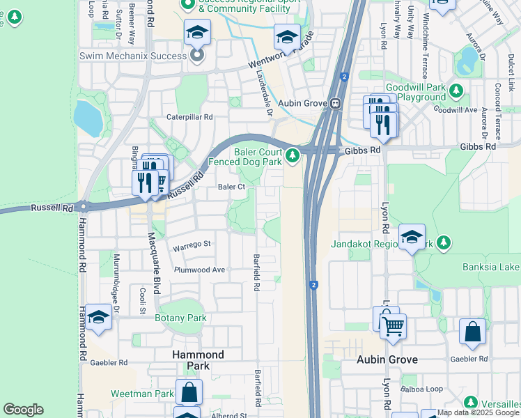 map of restaurants, bars, coffee shops, grocery stores, and more near 9 Barfield Road in Hammond Park