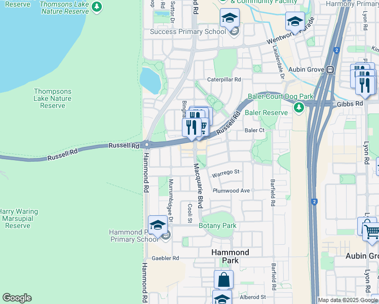 map of restaurants, bars, coffee shops, grocery stores, and more near 17 Yarra Promenade in Hammond Park