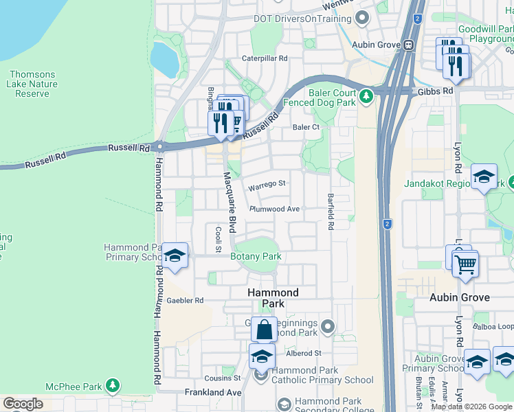 map of restaurants, bars, coffee shops, grocery stores, and more near 1 Snowy Rise in Hammond Park