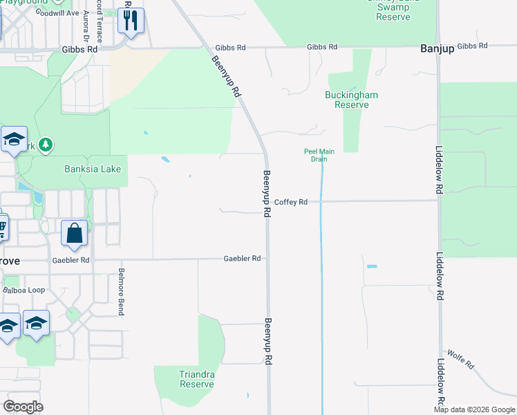 map of restaurants, bars, coffee shops, grocery stores, and more near 332 Beenyup Road in Banjup
