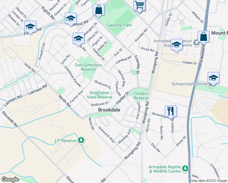 map of restaurants, bars, coffee shops, grocery stores, and more near 2 Gecko Road in Brookdale