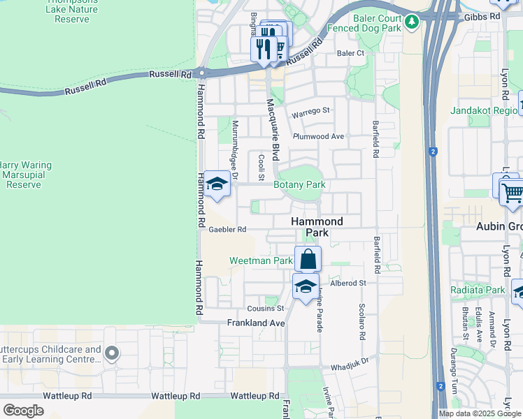 map of restaurants, bars, coffee shops, grocery stores, and more near 10 Hugel Lane in Hammond Park