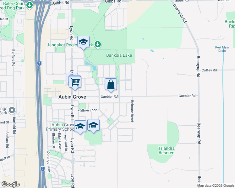 map of restaurants, bars, coffee shops, grocery stores, and more near 231 Gaebler Road in Aubin Grove
