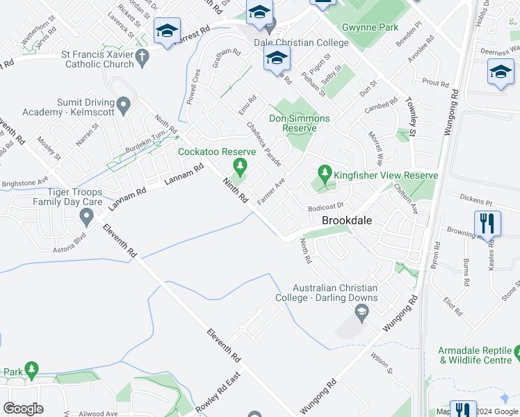 map of restaurants, bars, coffee shops, grocery stores, and more near 62 Farmer Avenue in Brookdale