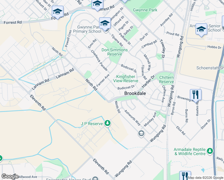 map of restaurants, bars, coffee shops, grocery stores, and more near 10 Quoll Plaza in Brookdale