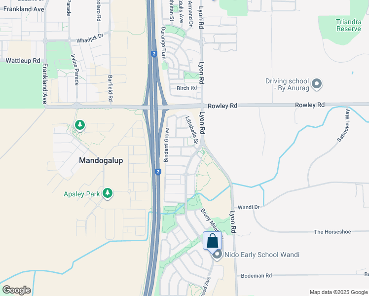 map of restaurants, bars, coffee shops, grocery stores, and more near 16 Littabella Avenue in Wandi