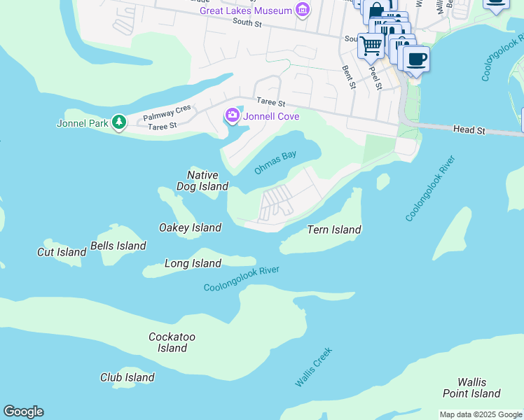 map of restaurants, bars, coffee shops, grocery stores, and more near 1 Baird Street in Tuncurry