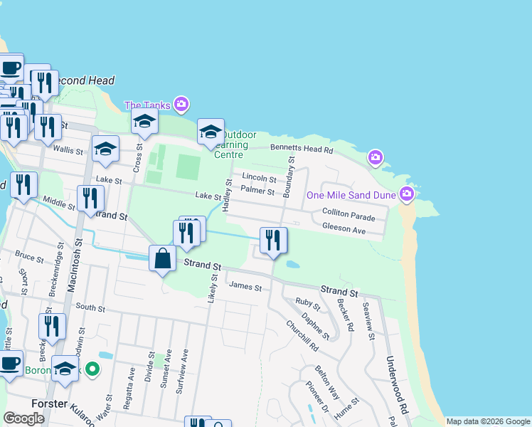 map of restaurants, bars, coffee shops, grocery stores, and more near 62 Lake Street in Forster