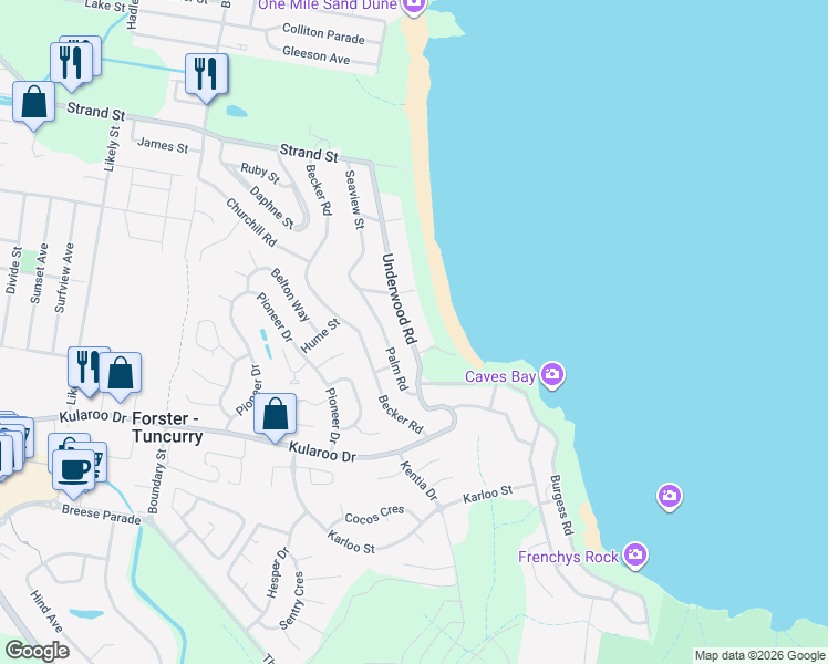 map of restaurants, bars, coffee shops, grocery stores, and more near 62 Underwood Road in Forster