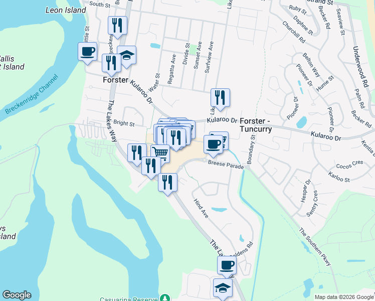 map of restaurants, bars, coffee shops, grocery stores, and more near 3-17 Breese Parade in Forster