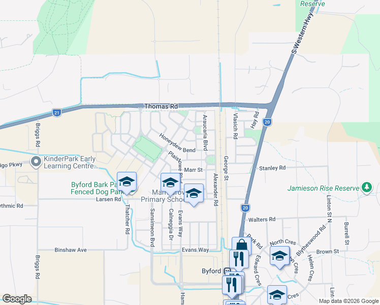 map of restaurants, bars, coffee shops, grocery stores, and more near 8 Sweets Link in Byford