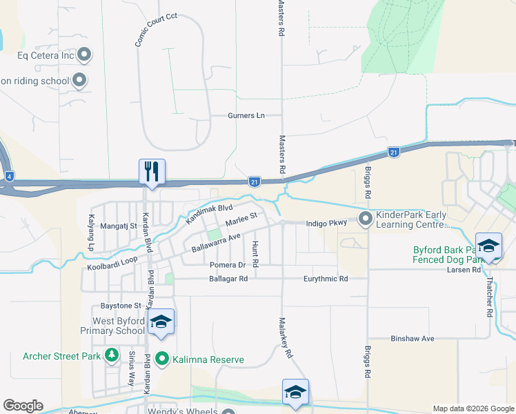 map of restaurants, bars, coffee shops, grocery stores, and more near 76 Kandimak Boulevard in Byford