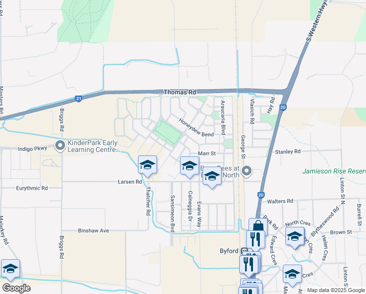 map of restaurants, bars, coffee shops, grocery stores, and more near 17 Mintberry Gardens in Byford