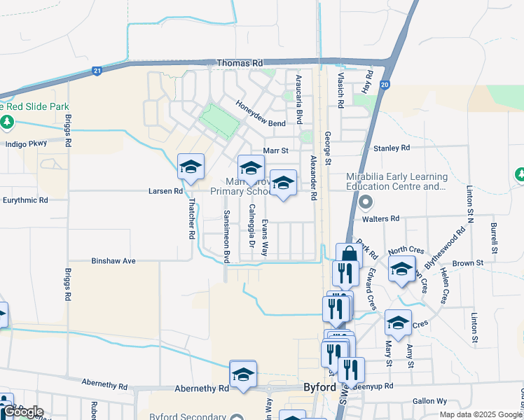 map of restaurants, bars, coffee shops, grocery stores, and more near 12 Evans Way in Byford