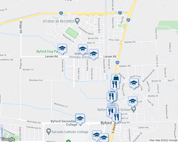 map of restaurants, bars, coffee shops, grocery stores, and more near 31 Evans Way in Byford