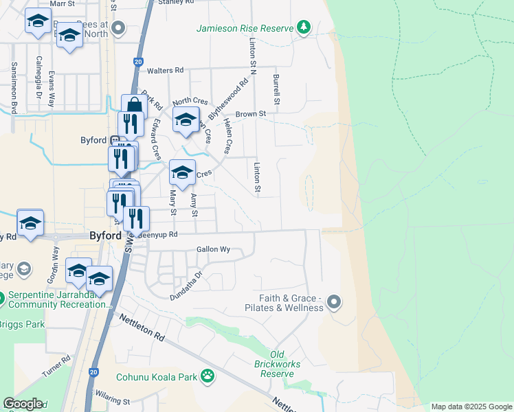 map of restaurants, bars, coffee shops, grocery stores, and more near 95 Park Road in Byford