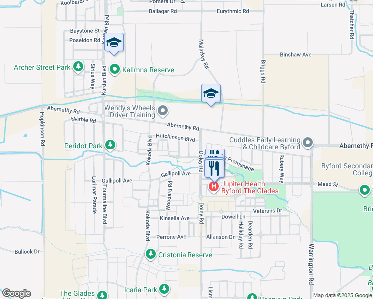 map of restaurants, bars, coffee shops, grocery stores, and more near 10 Hanretty Road in Byford