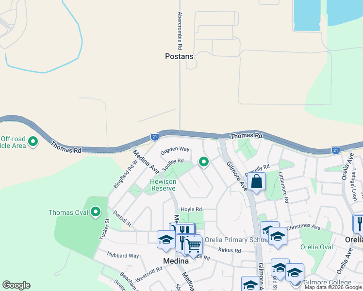 map of restaurants, bars, coffee shops, grocery stores, and more near 37 Ougden Way in Medina