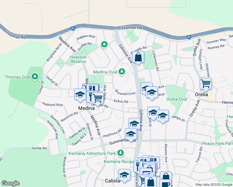 map of restaurants, bars, coffee shops, grocery stores, and more near 60 Brownell Crescent in Medina