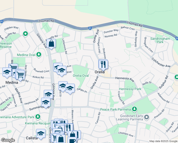 map of restaurants, bars, coffee shops, grocery stores, and more near 13 Milton Place in Orelia