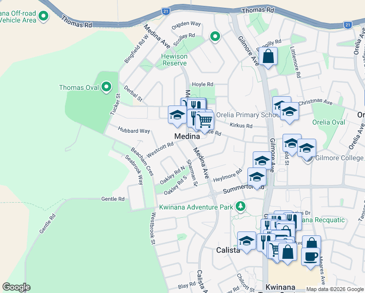 map of restaurants, bars, coffee shops, grocery stores, and more near 7 Sharman Street in Medina
