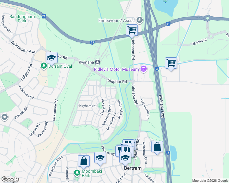 map of restaurants, bars, coffee shops, grocery stores, and more near 95 Millbrook Avenue in Bertram