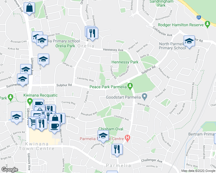 map of restaurants, bars, coffee shops, grocery stores, and more near 49 Sulphur Road in Orelia