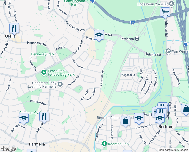 map of restaurants, bars, coffee shops, grocery stores, and more near 23 Madden Way in Parmelia