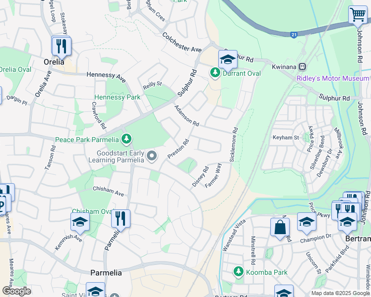 map of restaurants, bars, coffee shops, grocery stores, and more near 26 Preston Road in Parmelia