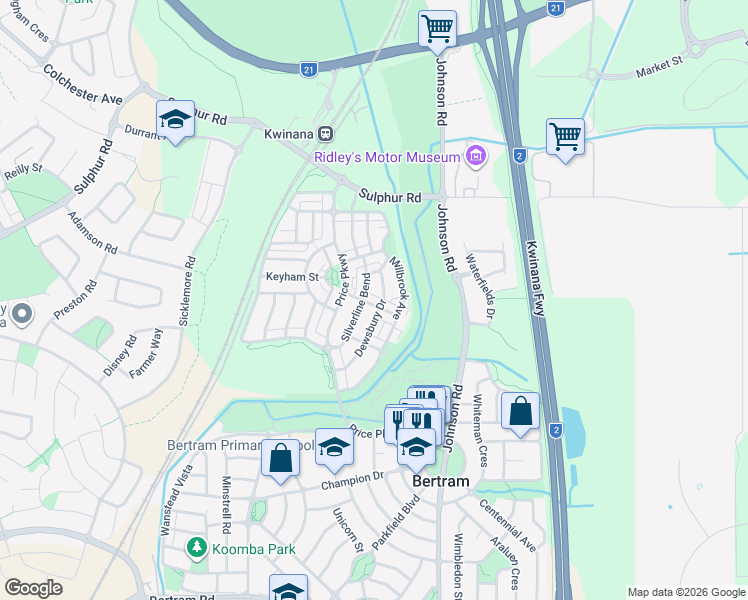 map of restaurants, bars, coffee shops, grocery stores, and more near 9 Heyford Parade in Bertram