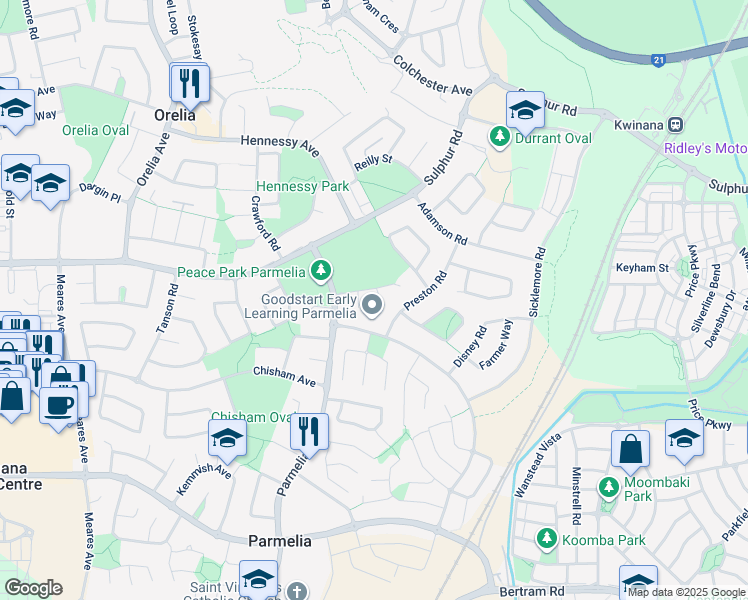 map of restaurants, bars, coffee shops, grocery stores, and more near 17 Hoyton Place in Parmelia