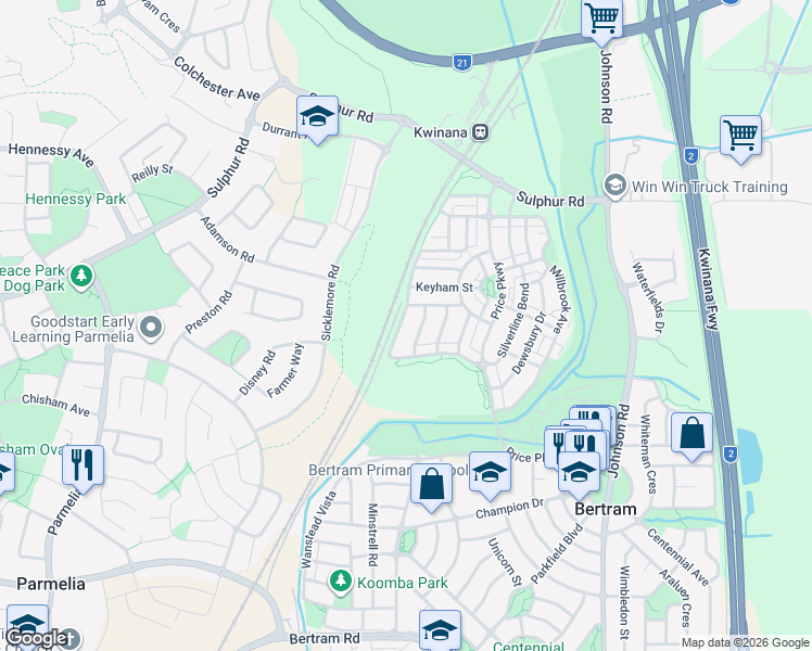 map of restaurants, bars, coffee shops, grocery stores, and more near 60 Cheltenham Loop in Bertram