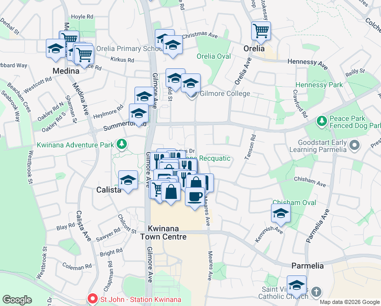 map of restaurants, bars, coffee shops, grocery stores, and more near 5 Darius Drive in Kwinana Town Centre