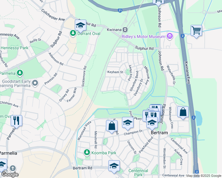 map of restaurants, bars, coffee shops, grocery stores, and more near 34 Cheltenham Loop in Bertram