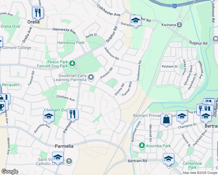 map of restaurants, bars, coffee shops, grocery stores, and more near 18 Morrit Way in Parmelia