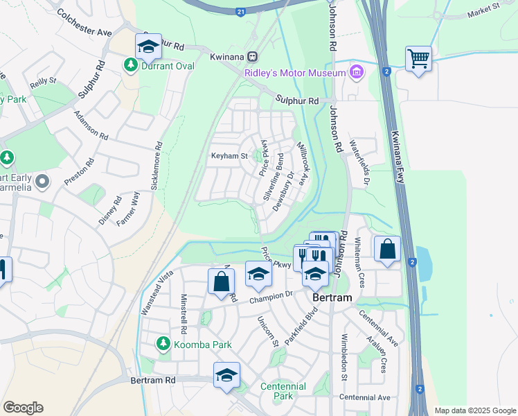 map of restaurants, bars, coffee shops, grocery stores, and more near 84 Price Parkway in Bertram