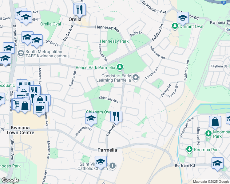 map of restaurants, bars, coffee shops, grocery stores, and more near 7 Riggs Place in Parmelia