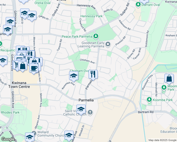 map of restaurants, bars, coffee shops, grocery stores, and more near 21 Moysey Court in Parmelia