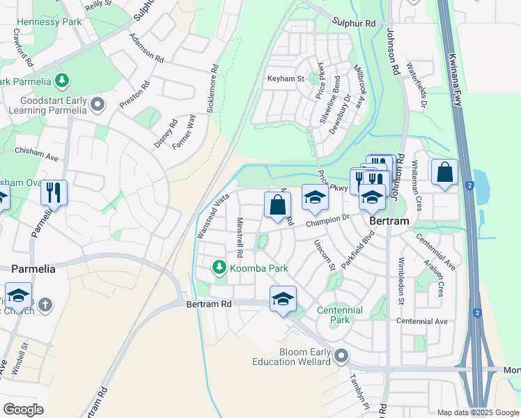 map of restaurants, bars, coffee shops, grocery stores, and more near 12 Bailey Way in Bertram