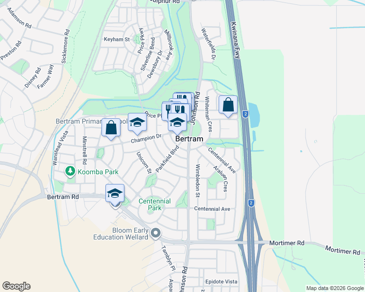 map of restaurants, bars, coffee shops, grocery stores, and more near 3 Ganges Way in Bertram