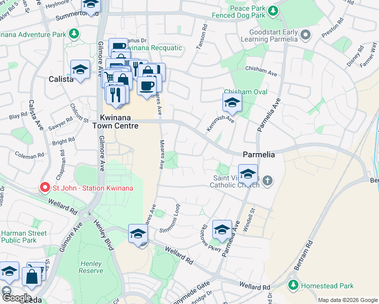 map of restaurants, bars, coffee shops, grocery stores, and more near 25 Newstead Crescent in Parmelia