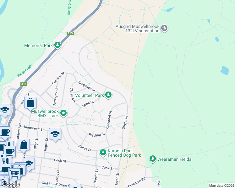 map of restaurants, bars, coffee shops, grocery stores, and more near 126 Queen Street in Muswellbrook