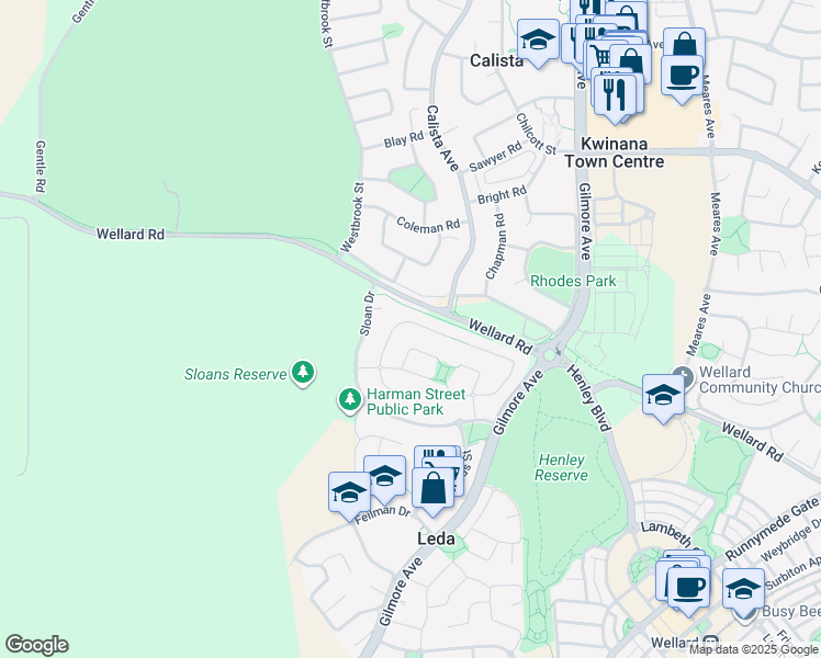 map of restaurants, bars, coffee shops, grocery stores, and more near 18 Taylor Close in Leda