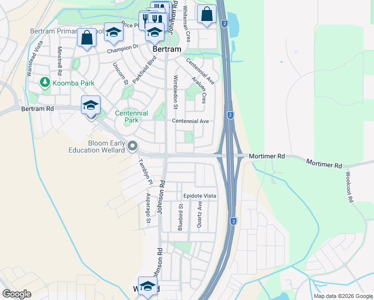 map of restaurants, bars, coffee shops, grocery stores, and more near 23 John Forrest Circuit in Bertram
