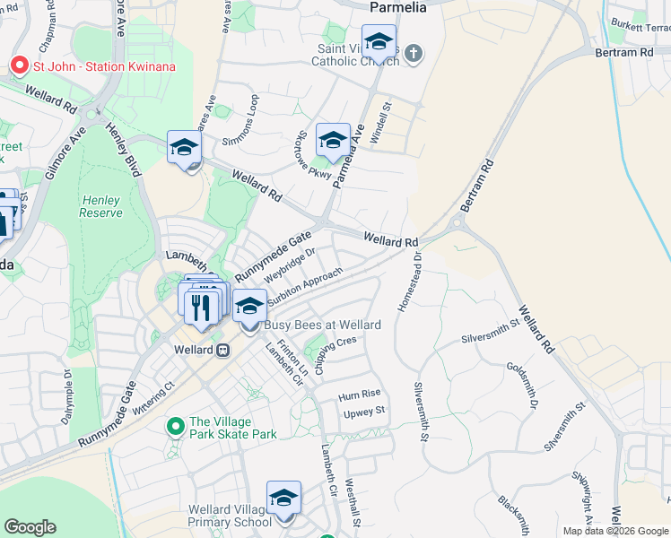 map of restaurants, bars, coffee shops, grocery stores, and more near 31 Surbiton Approach in Wellard