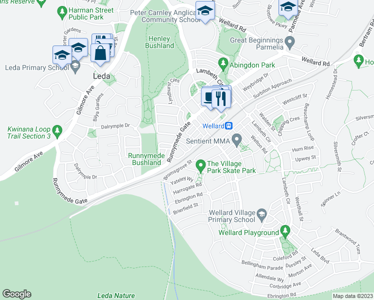 map of restaurants, bars, coffee shops, grocery stores, and more near 15 Pagham Court in Wellard