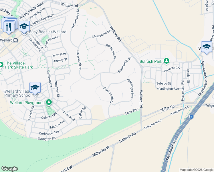 map of restaurants, bars, coffee shops, grocery stores, and more near 1 Shipwright Avenue in Wellard